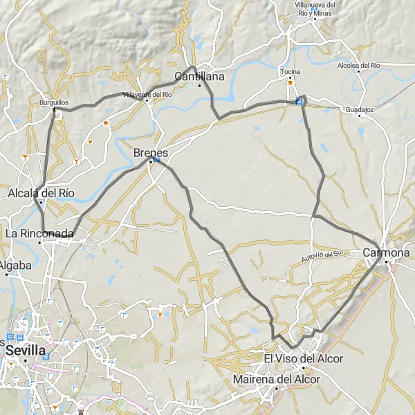 Miniatua del mapa de inspiración ciclista "Ruta por carretera desde Burguillos hasta Alcalá del Río" en Andalucía, Spain. Generado por Tarmacs.app planificador de rutas ciclistas