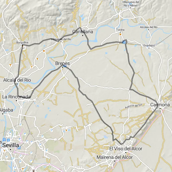 Map miniature of "The Road to Alcalá del Río" cycling inspiration in Andalucía, Spain. Generated by Tarmacs.app cycling route planner