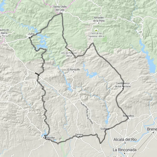 Miniatura mapy "Trasa szosowa Burguillos - Guillena - Mirador de las Canteras - Aznalcóllar - Zufre - Santa Olalla del Cala - Alto del Palancar - Burguillos" - trasy rowerowej w Andalucía, Spain. Wygenerowane przez planer tras rowerowych Tarmacs.app