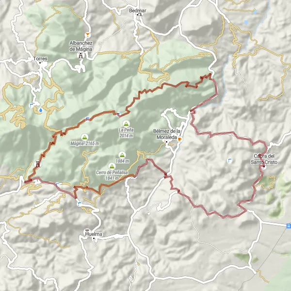 Miniatuurkaart van de fietsinspiratie "Avontuurlijke grindweg naar Castillo de Mata Bejid" in Andalucía, Spain. Gemaakt door de Tarmacs.app fietsrouteplanner