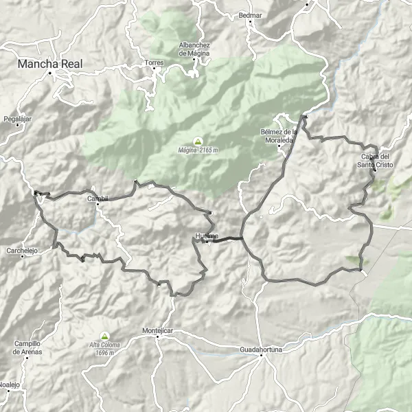 Miniature de la carte de l'inspiration cycliste "Les Collines de Huelma" dans la Andalucía, Spain. Générée par le planificateur d'itinéraire cycliste Tarmacs.app