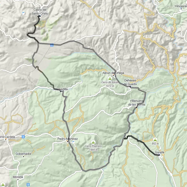 Miniatuurkaart van de fietsinspiratie "Uitdagende Wegroute rond Cabra del Santo Cristo" in Andalucía, Spain. Gemaakt door de Tarmacs.app fietsrouteplanner