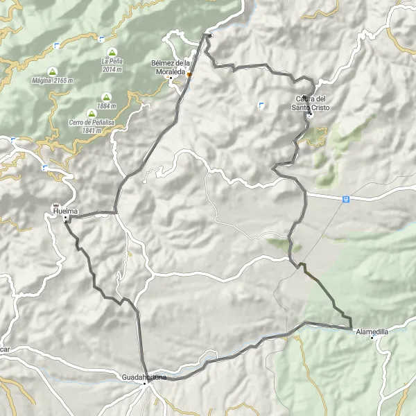 Map miniature of "Exploring the Land of Bridges" cycling inspiration in Andalucía, Spain. Generated by Tarmacs.app cycling route planner