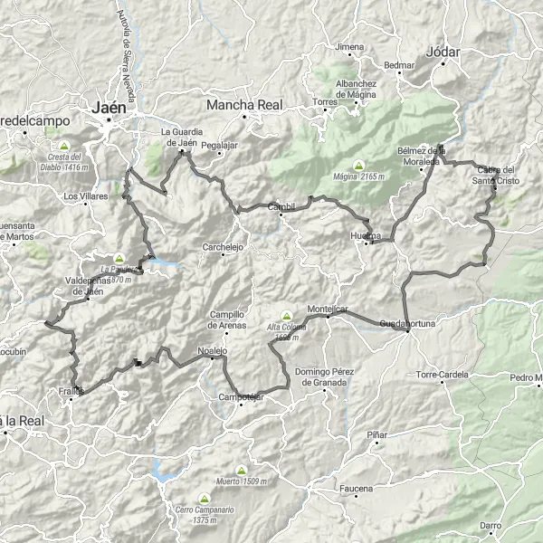Miniatura mapy "Trasa rowerowa Guadahortuna - Huelma z Valdepeñas de Jaén" - trasy rowerowej w Andalucía, Spain. Wygenerowane przez planer tras rowerowych Tarmacs.app