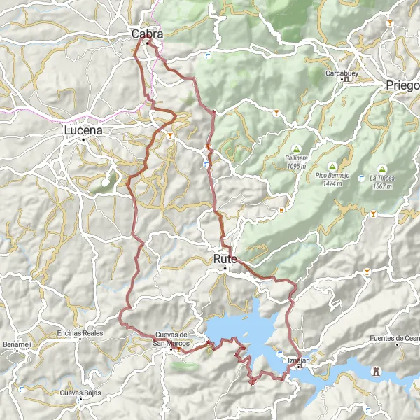 Miniatuurkaart van de fietsinspiratie "Gravelroute van Cabra naar Iznájar" in Andalucía, Spain. Gemaakt door de Tarmacs.app fietsrouteplanner