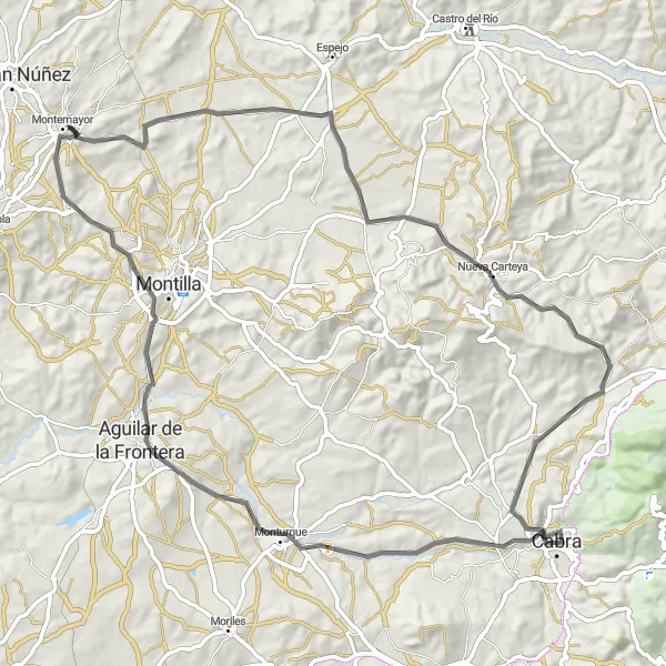 Miniature de la carte de l'inspiration cycliste "Les Châteaux de Cabra" dans la Andalucía, Spain. Générée par le planificateur d'itinéraire cycliste Tarmacs.app