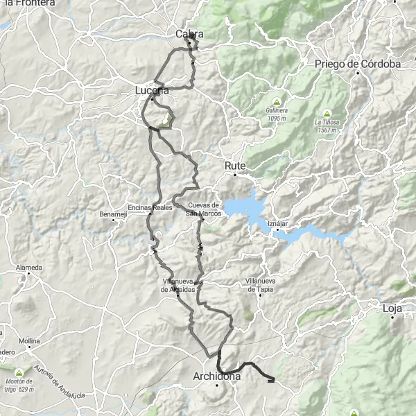 Miniatura della mappa di ispirazione al ciclismo "Tour epico tra Cabra e Castillo de los Condes de Cabra" nella regione di Andalucía, Spain. Generata da Tarmacs.app, pianificatore di rotte ciclistiche