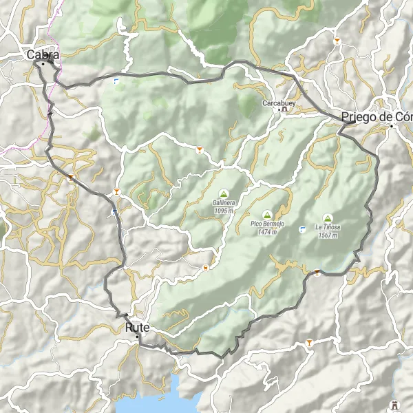 Miniatura della mappa di ispirazione al ciclismo "Avventura su strada tra Cabra e Rute" nella regione di Andalucía, Spain. Generata da Tarmacs.app, pianificatore di rotte ciclistiche