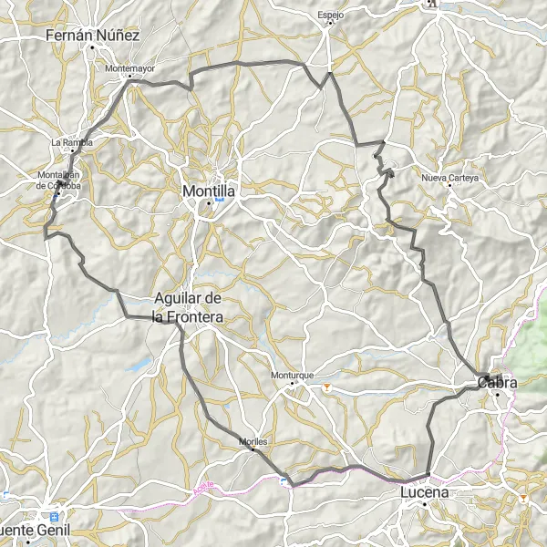 Miniatura della mappa di ispirazione al ciclismo "Ciclovia del Castillo" nella regione di Andalucía, Spain. Generata da Tarmacs.app, pianificatore di rotte ciclistiche