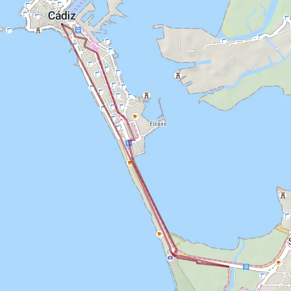 Miniatua del mapa de inspiración ciclista "Ruta de Bici Gravel por la Ciudad de Cádiz" en Andalucía, Spain. Generado por Tarmacs.app planificador de rutas ciclistas