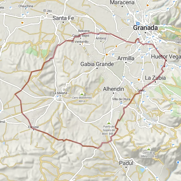 Miniature de la carte de l'inspiration cycliste "Parcours Gravel à travers Otura et Belicena" dans la Andalucía, Spain. Générée par le planificateur d'itinéraire cycliste Tarmacs.app