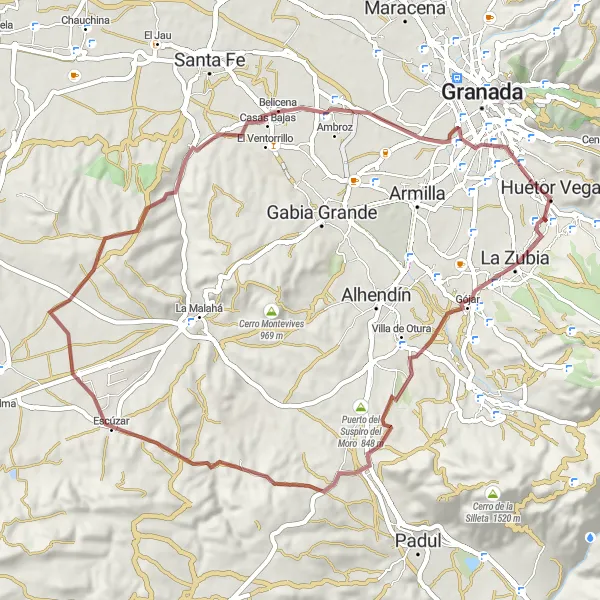 Map miniature of "Scenic Gravel Ride to La Zubia" cycling inspiration in Andalucía, Spain. Generated by Tarmacs.app cycling route planner