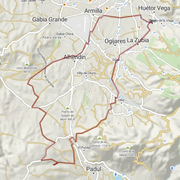 Map miniature of "Gravel Adventure to Gójar" cycling inspiration in Andalucía, Spain. Generated by Tarmacs.app cycling route planner