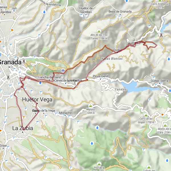Miniatura della mappa di ispirazione al ciclismo "Giro in bicicletta gravel da La Zubia a Huétor Vega" nella regione di Andalucía, Spain. Generata da Tarmacs.app, pianificatore di rotte ciclistiche