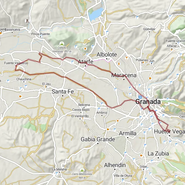 Map miniature of "Exploring Gravel Trails near Cájar" cycling inspiration in Andalucía, Spain. Generated by Tarmacs.app cycling route planner