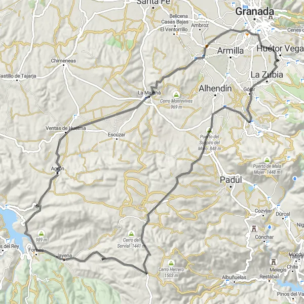 Miniatua del mapa de inspiración ciclista "Ruta de Ciclismo de Carretera desde Cájar" en Andalucía, Spain. Generado por Tarmacs.app planificador de rutas ciclistas