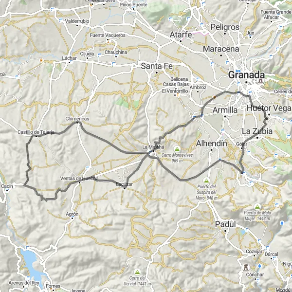 Miniatura della mappa di ispirazione al ciclismo "Giro in bicicletta da Cájar attraverso Ventas de Huelma" nella regione di Andalucía, Spain. Generata da Tarmacs.app, pianificatore di rotte ciclistiche