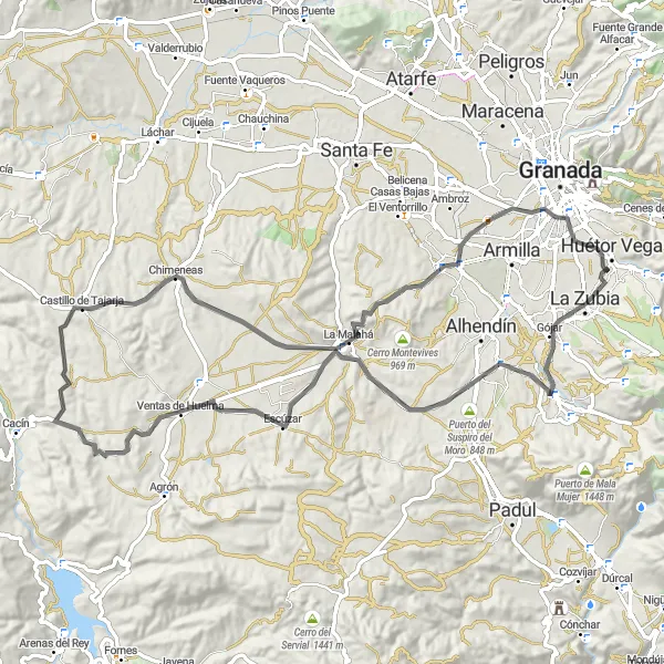 Map miniature of "Cájar Road Challenge" cycling inspiration in Andalucía, Spain. Generated by Tarmacs.app cycling route planner