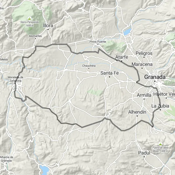 Miniatura della mappa di ispirazione al ciclismo "Avventura in bicicletta da Gójar a Alcázar Genil" nella regione di Andalucía, Spain. Generata da Tarmacs.app, pianificatore di rotte ciclistiche