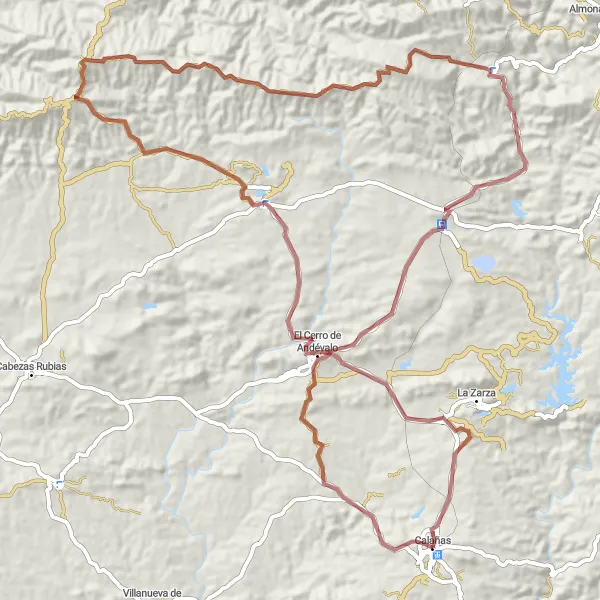 Miniature de la carte de l'inspiration cycliste "Boucle à vélo de 95 km près de Calañas" dans la Andalucía, Spain. Générée par le planificateur d'itinéraire cycliste Tarmacs.app