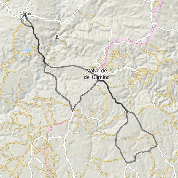 Miniatua del mapa de inspiración ciclista "Ruta por carretera hasta Calañas" en Andalucía, Spain. Generado por Tarmacs.app planificador de rutas ciclistas
