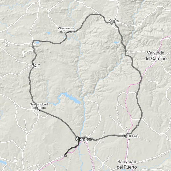 Miniatua del mapa de inspiración ciclista "Recorrido escénico a través de Calañas" en Andalucía, Spain. Generado por Tarmacs.app planificador de rutas ciclistas