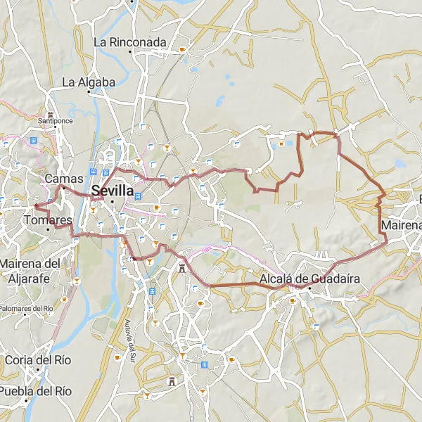 Map miniature of "Puerta Real to Tomares Gravel Route" cycling inspiration in Andalucía, Spain. Generated by Tarmacs.app cycling route planner