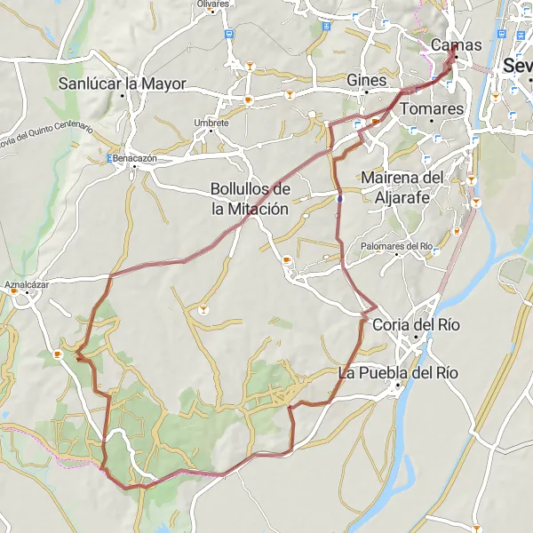Miniatua del mapa de inspiración ciclista "Ruta de Gravel de Camas a Castilleja de la Cuesta" en Andalucía, Spain. Generado por Tarmacs.app planificador de rutas ciclistas