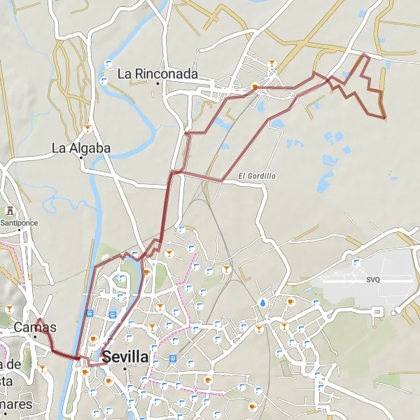 Karten-Miniaturansicht der Radinspiration "Schottertour Camas-San José de la Rinconada-Torre Schindler" in Andalucía, Spain. Erstellt vom Tarmacs.app-Routenplaner für Radtouren