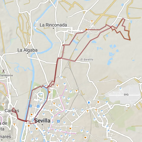 Map miniature of "Camas Circular Gravel Route via Madroños and Torre Schindler" cycling inspiration in Andalucía, Spain. Generated by Tarmacs.app cycling route planner