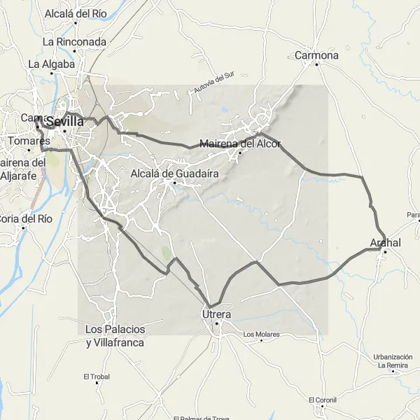 Miniatua del mapa de inspiración ciclista "Ruta Camas - Cerro de El Carambolo en Carretera" en Andalucía, Spain. Generado por Tarmacs.app planificador de rutas ciclistas