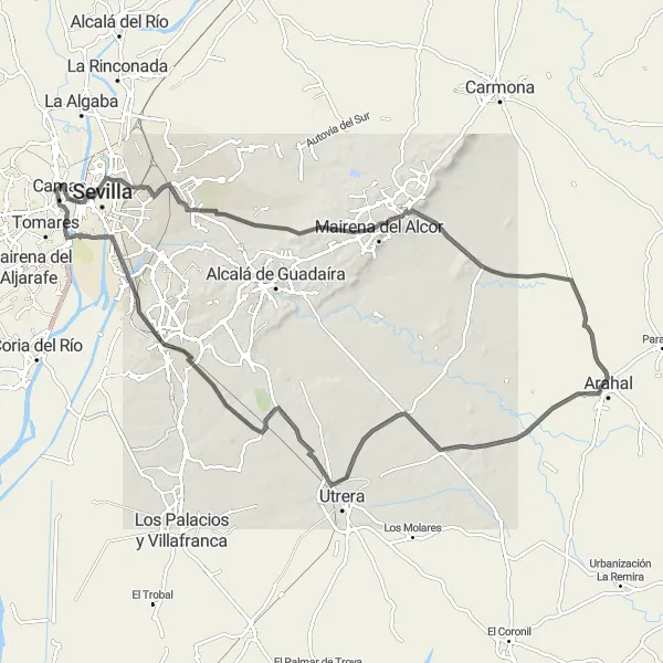 Miniatuurkaart van de fietsinspiratie "Camas naar Monte Gurugù" in Andalucía, Spain. Gemaakt door de Tarmacs.app fietsrouteplanner