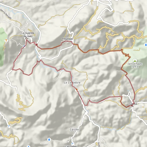 Miniature de la carte de l'inspiration cycliste "La Route des Châteaux" dans la Andalucía, Spain. Générée par le planificateur d'itinéraire cycliste Tarmacs.app