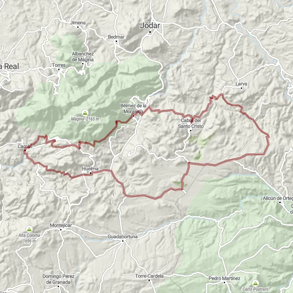 Miniaturní mapa "Gravel Adventure through Bélmez de la Moraleda" inspirace pro cyklisty v oblasti Andalucía, Spain. Vytvořeno pomocí plánovače tras Tarmacs.app