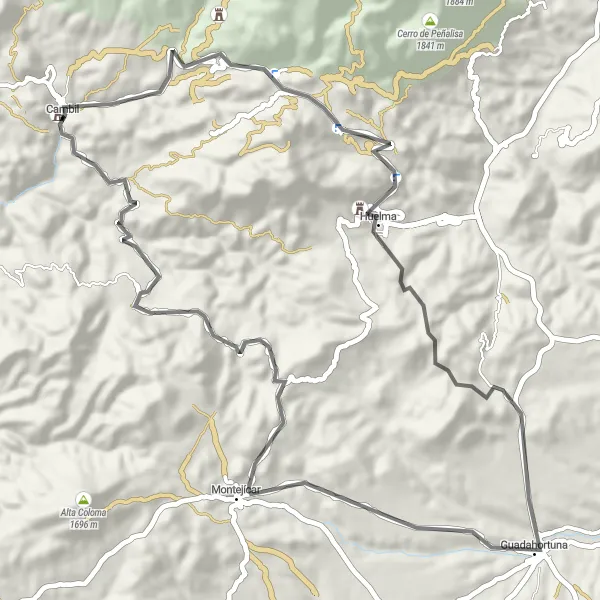 Map miniature of "Road Route from Cambil to Huelma via Guadahortuna and Montejícar" cycling inspiration in Andalucía, Spain. Generated by Tarmacs.app cycling route planner