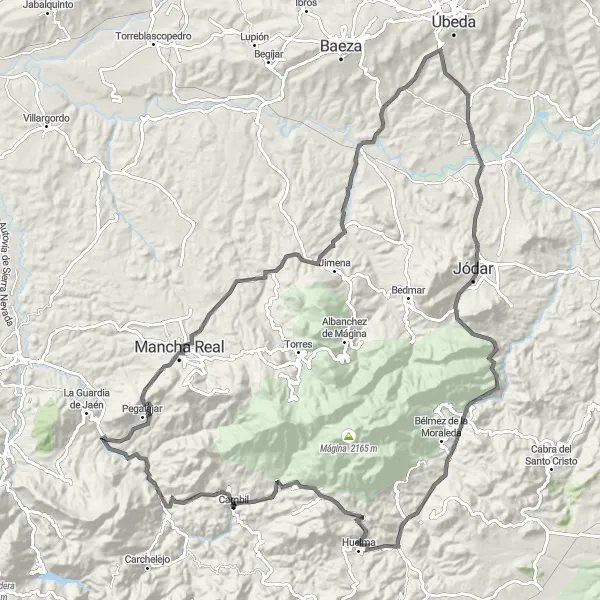 Miniaturní mapa "Road Cycling to Castillo de Jódar" inspirace pro cyklisty v oblasti Andalucía, Spain. Vytvořeno pomocí plánovače tras Tarmacs.app