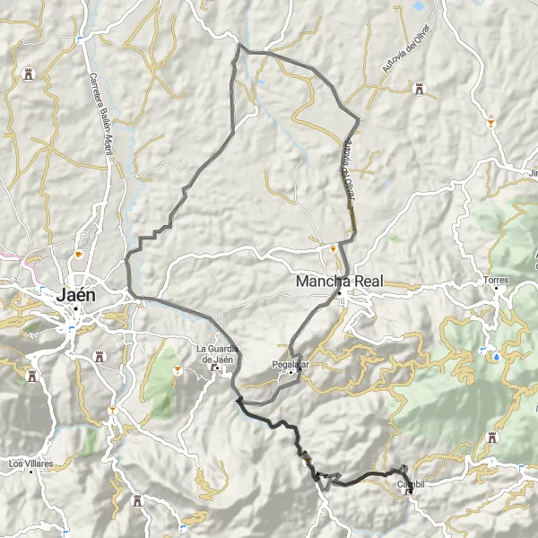Miniature de la carte de l'inspiration cycliste "Les Routes Pittoresques" dans la Andalucía, Spain. Générée par le planificateur d'itinéraire cycliste Tarmacs.app
