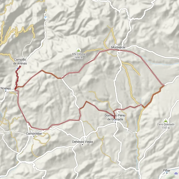 Miniaturní mapa "56 km štěrk" inspirace pro cyklisty v oblasti Andalucía, Spain. Vytvořeno pomocí plánovače tras Tarmacs.app