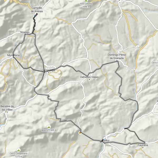 Miniatua del mapa de inspiración ciclista "Ruta en Carretera Iznalloz y Montillana" en Andalucía, Spain. Generado por Tarmacs.app planificador de rutas ciclistas