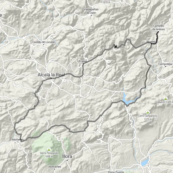 Map miniature of "Scenic Mountain Loop" cycling inspiration in Andalucía, Spain. Generated by Tarmacs.app cycling route planner