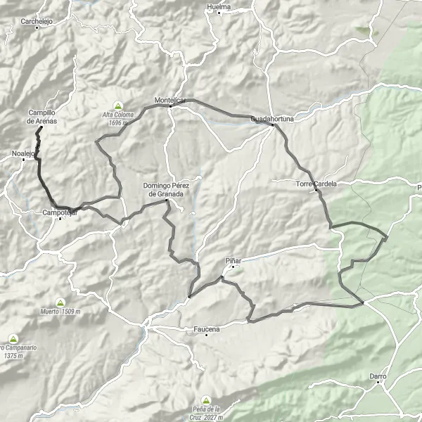 Miniaturní mapa "120 km silnice" inspirace pro cyklisty v oblasti Andalucía, Spain. Vytvořeno pomocí plánovače tras Tarmacs.app