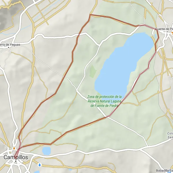 Miniatura mapy "Wspaniała trasa gravel przez Fuente de Piedra z Campillos" - trasy rowerowej w Andalucía, Spain. Wygenerowane przez planer tras rowerowych Tarmacs.app