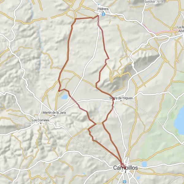 Miniatuurkaart van de fietsinspiratie "Gravelavontuur van Campillos naar Sierra de Yeguas" in Andalucía, Spain. Gemaakt door de Tarmacs.app fietsrouteplanner