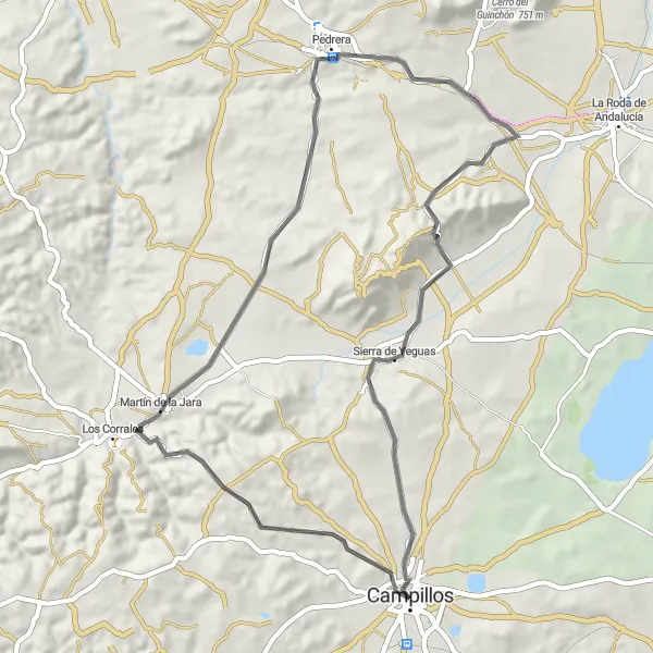 Miniatura mapy "Długotrwała wycieczka rowerowa szosowa przez Sierra de Yeguas" - trasy rowerowej w Andalucía, Spain. Wygenerowane przez planer tras rowerowych Tarmacs.app