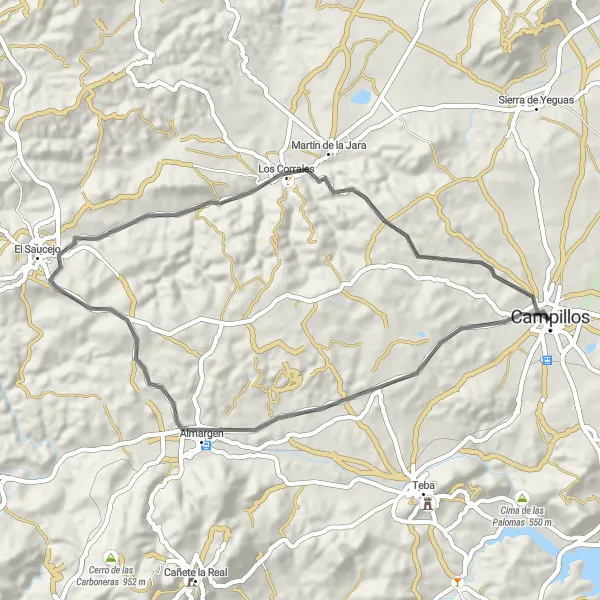 Miniatuurkaart van de fietsinspiratie "Historische Route van Campillos naar Los Corrales" in Andalucía, Spain. Gemaakt door de Tarmacs.app fietsrouteplanner