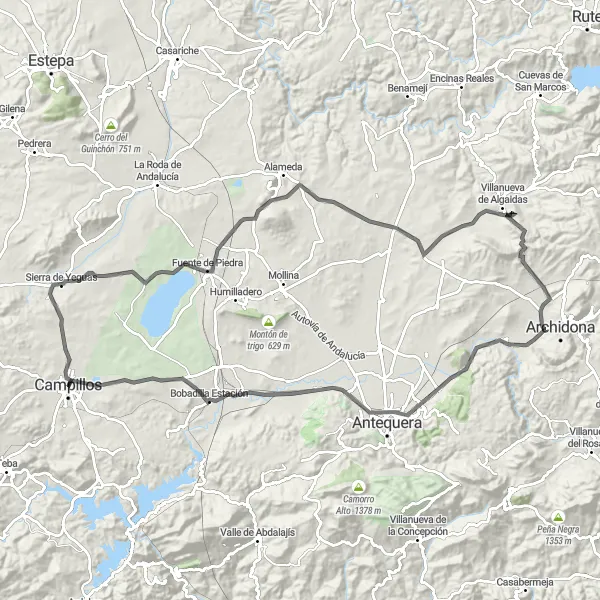 Miniatura mapy "Niesamowita trasa szosowa przez Villanueva de Algaidas z Campillos" - trasy rowerowej w Andalucía, Spain. Wygenerowane przez planer tras rowerowych Tarmacs.app