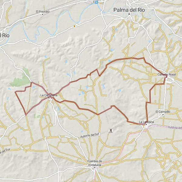 Miniatuurkaart van de fietsinspiratie "Grindtour van Cañada Rosal naar La Campana" in Andalucía, Spain. Gemaakt door de Tarmacs.app fietsrouteplanner