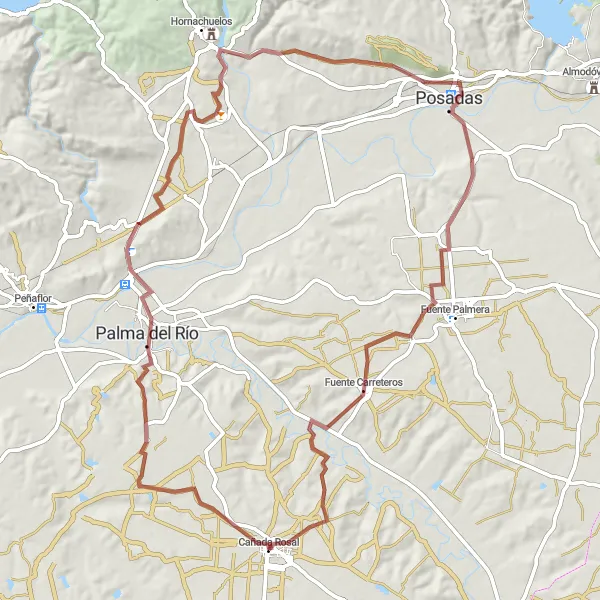 Miniatura della mappa di ispirazione al ciclismo "Avventuroso Giro in Gravel tra Palma del Río e Posadas" nella regione di Andalucía, Spain. Generata da Tarmacs.app, pianificatore di rotte ciclistiche