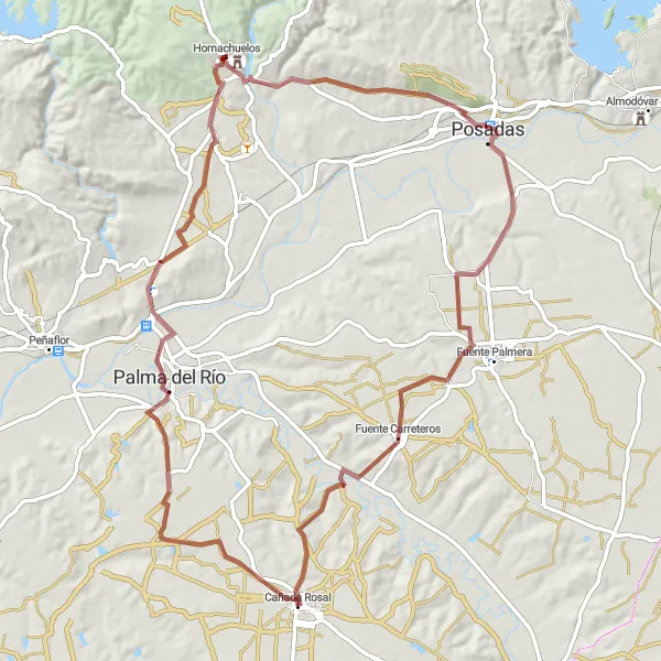 Karten-Miniaturansicht der Radinspiration "Gravel Tour um Cañada Rosal" in Andalucía, Spain. Erstellt vom Tarmacs.app-Routenplaner für Radtouren