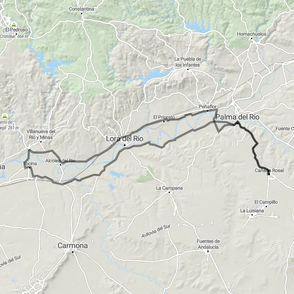 Miniatura della mappa di ispirazione al ciclismo "Giro in bici da Cañada Rosal a Tocina" nella regione di Andalucía, Spain. Generata da Tarmacs.app, pianificatore di rotte ciclistiche